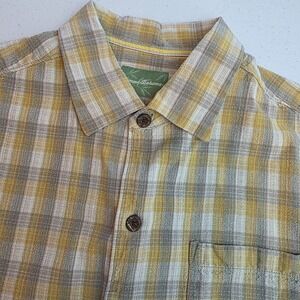 Tommy Bahama Silk Plaid Button Up Shirt Mens XL Yellow Gray Short Sleeve‎ Beach